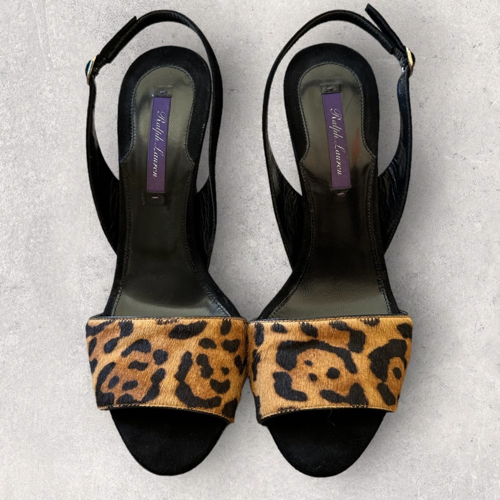 Ralph Lauren Womens Blithe Leopard/
Black Hair Calf Suede Heels - Size 38B
